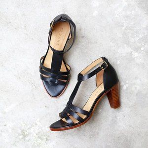 Sezane Black 'High Pompei' Leather Multistrap Sandals Heels
